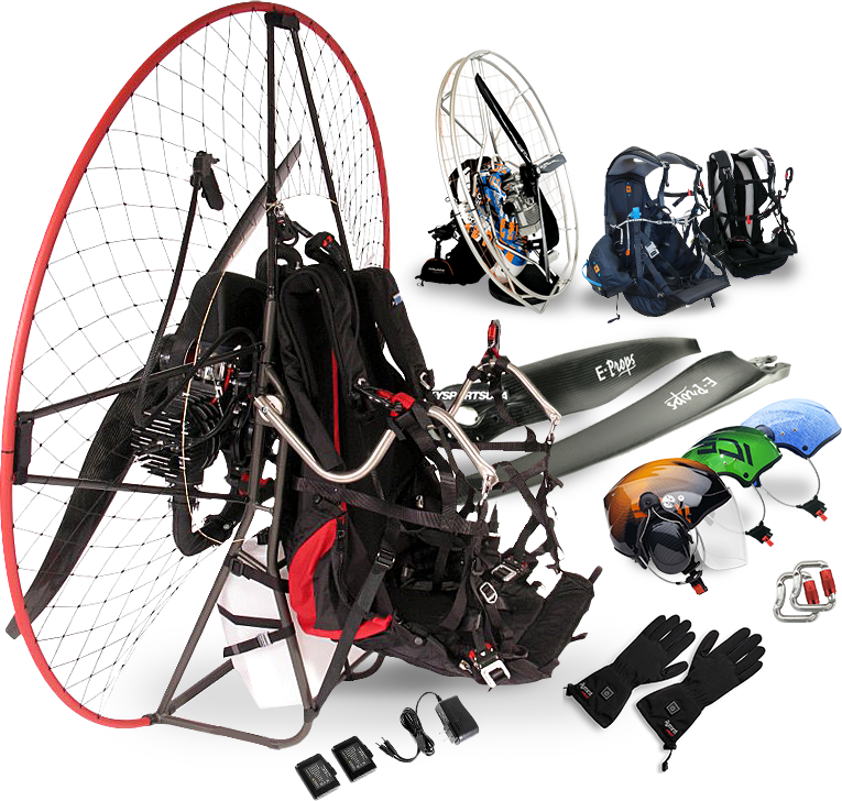 Paramotor training gear: motor, harnesses, props, helmets, gloves and carabiners