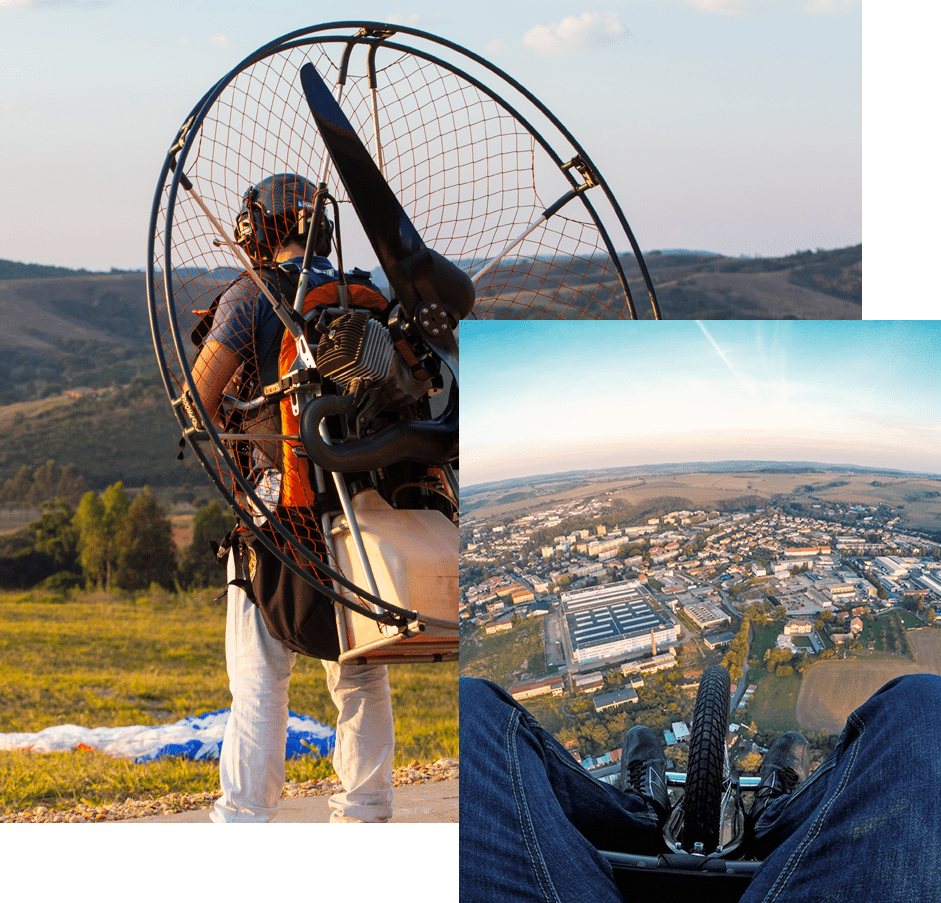Paramotor pilot ready for takeoff Trike pilot flying over a city.