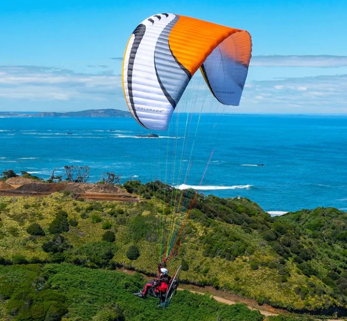 Aerial image of a paramotor pilot flying with MAC PARA Colorado 2 wings.