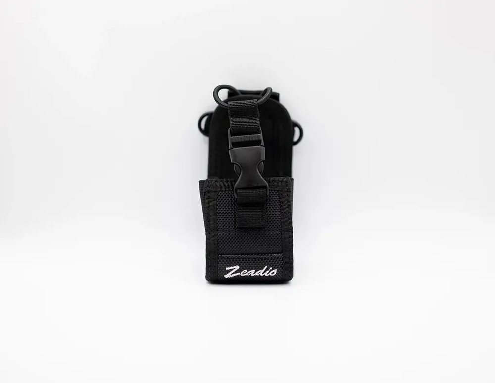 Zeadio brand radio pouch that holds a handheld two-way radio.
